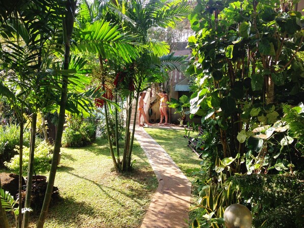 A garden pathway surrounded by lush greenery and trees. - Romance Bungalows  (Mahé Island)