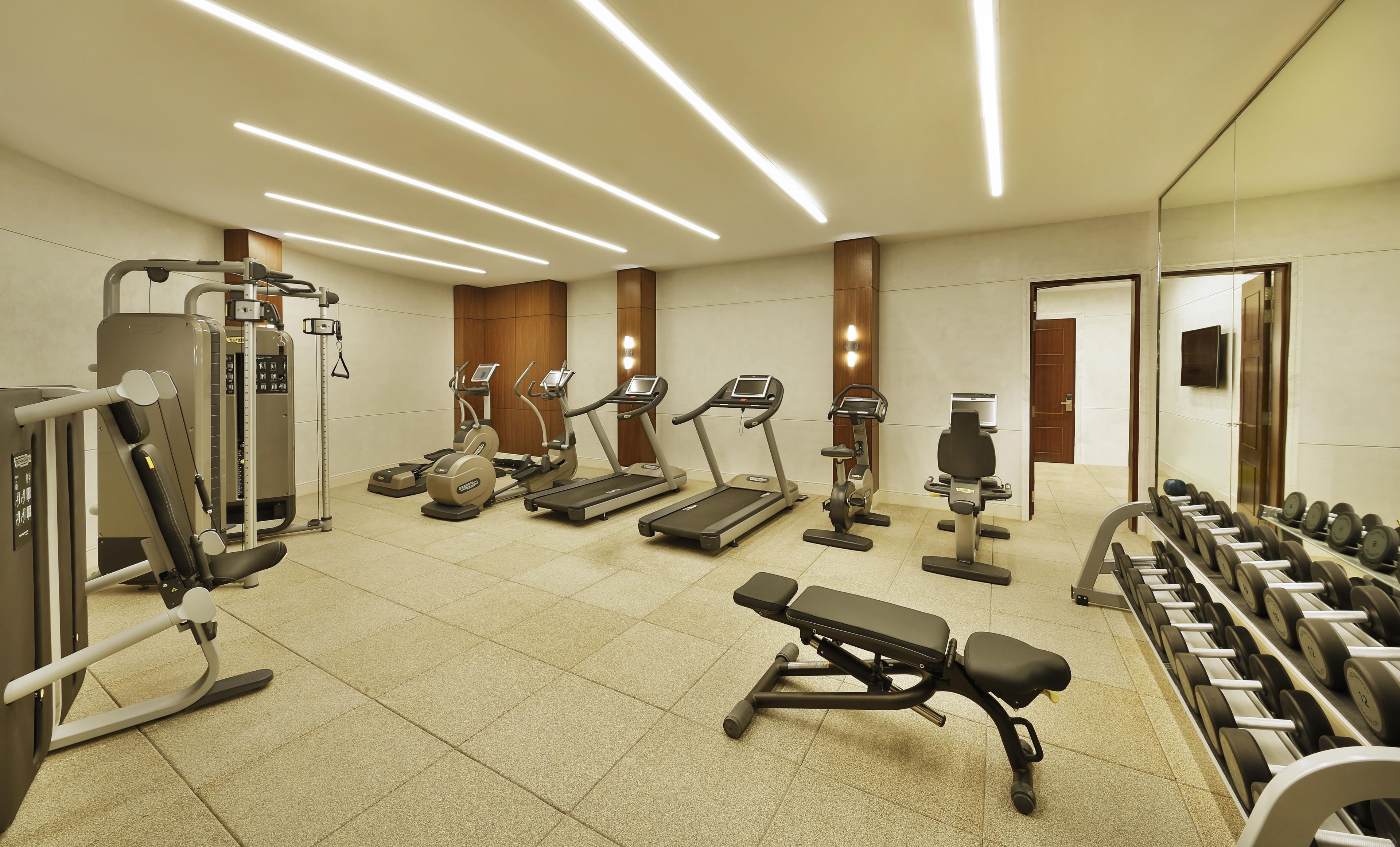 A gym with treadmills, elliptical machines, a weight bench, and a rack of dumbbells.
