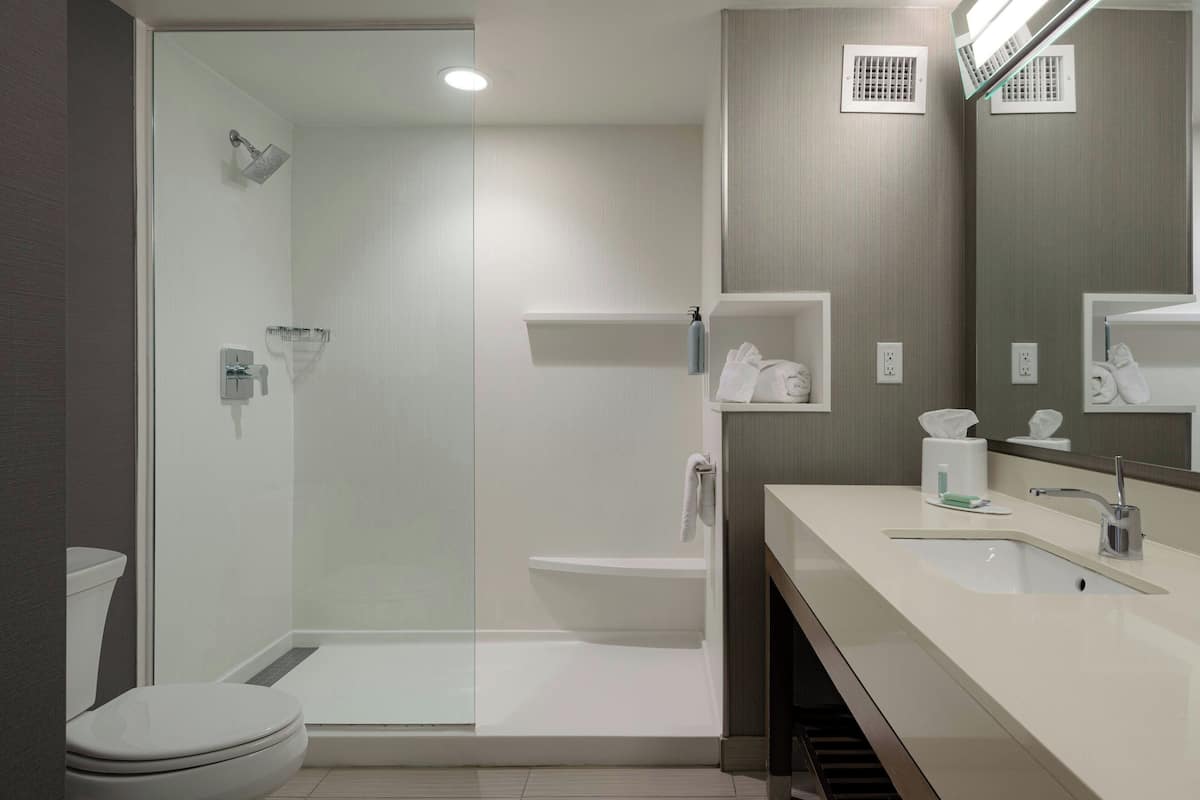 Ein modernes Badezimmer mit einer gläsernen Duschkabine, einer weißen Toilette, einer Badewanne und einem Waschtisch mit Waschbecken und Spiegel.