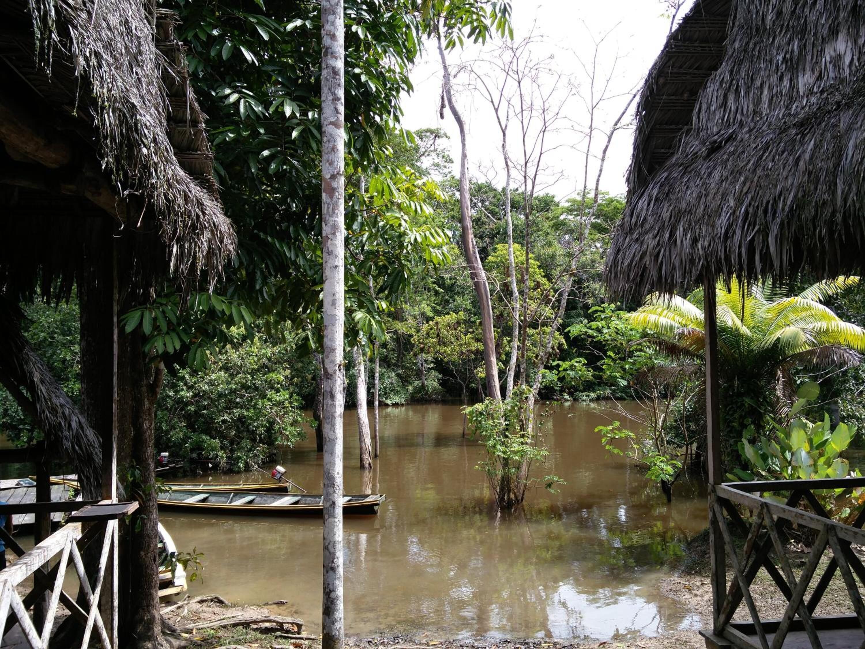 Un río con un muelle de madera y construcciones con techo de paja.