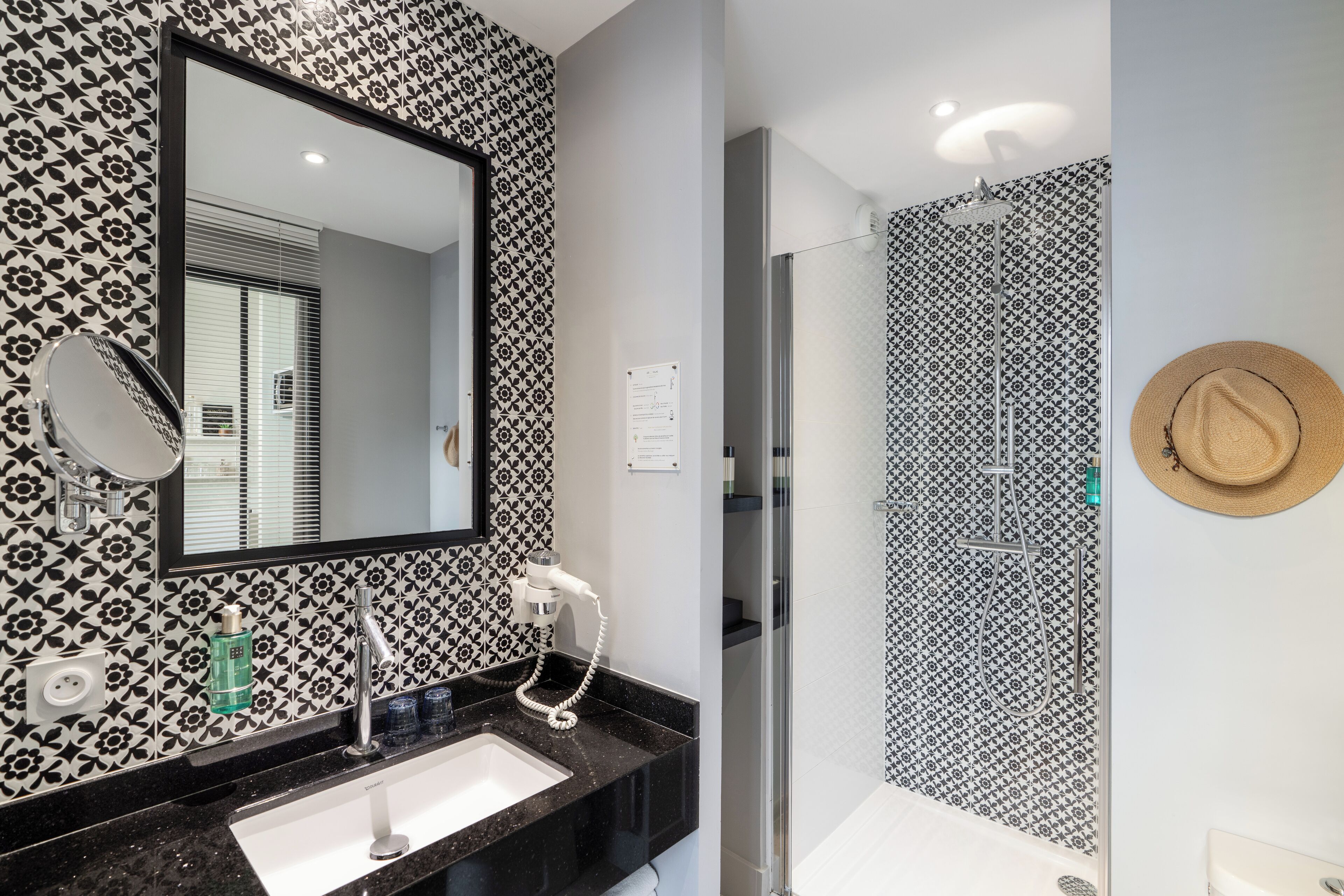 shower, eco-friendly toiletries, hair dryer, towels