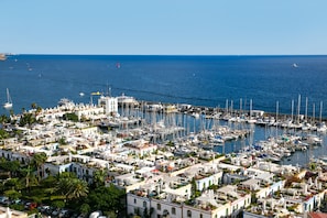 Un puerto deportivo lleno de barcos y una ciudad costera densamente poblada con edificios blancos y palmeras.