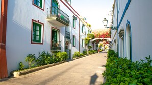 Une rue étroite bordée de bâtiments blancs aux fenêtres et balcons ornés de cadres verts, qui mène à un point de vue lointain sur une montagne.