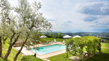 Seasonal outdoor pool, pool umbrellas, pool loungers