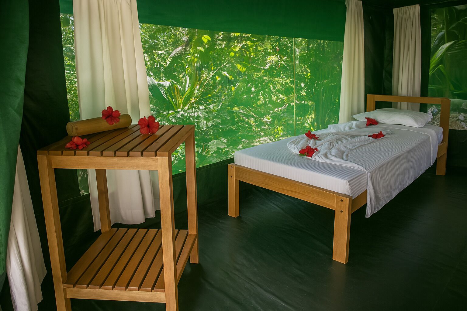 A room with a bed, a wooden table, and a view of greenery through the window.