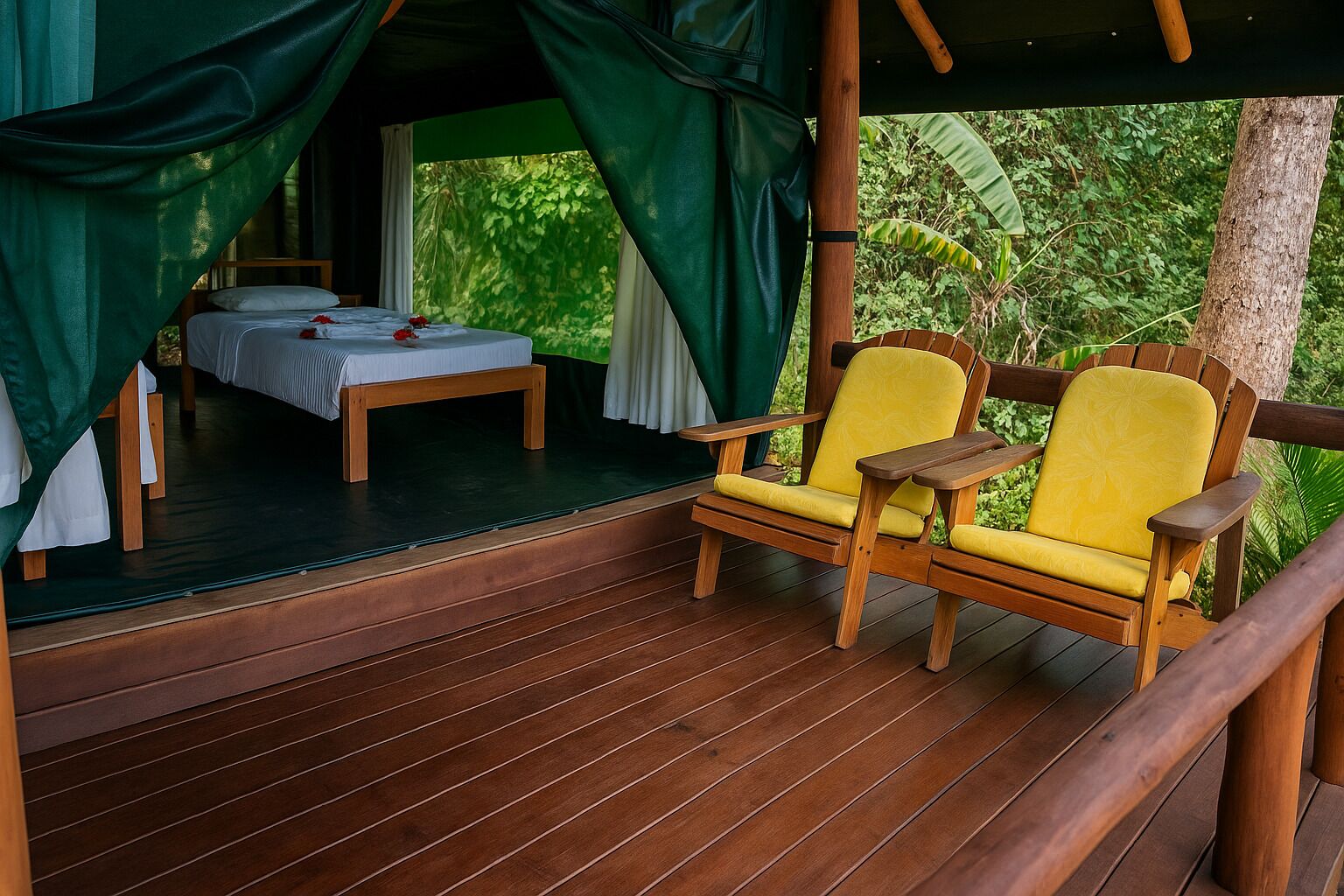 Une terrasse en bois avec un lit et deux chaises jaunes.