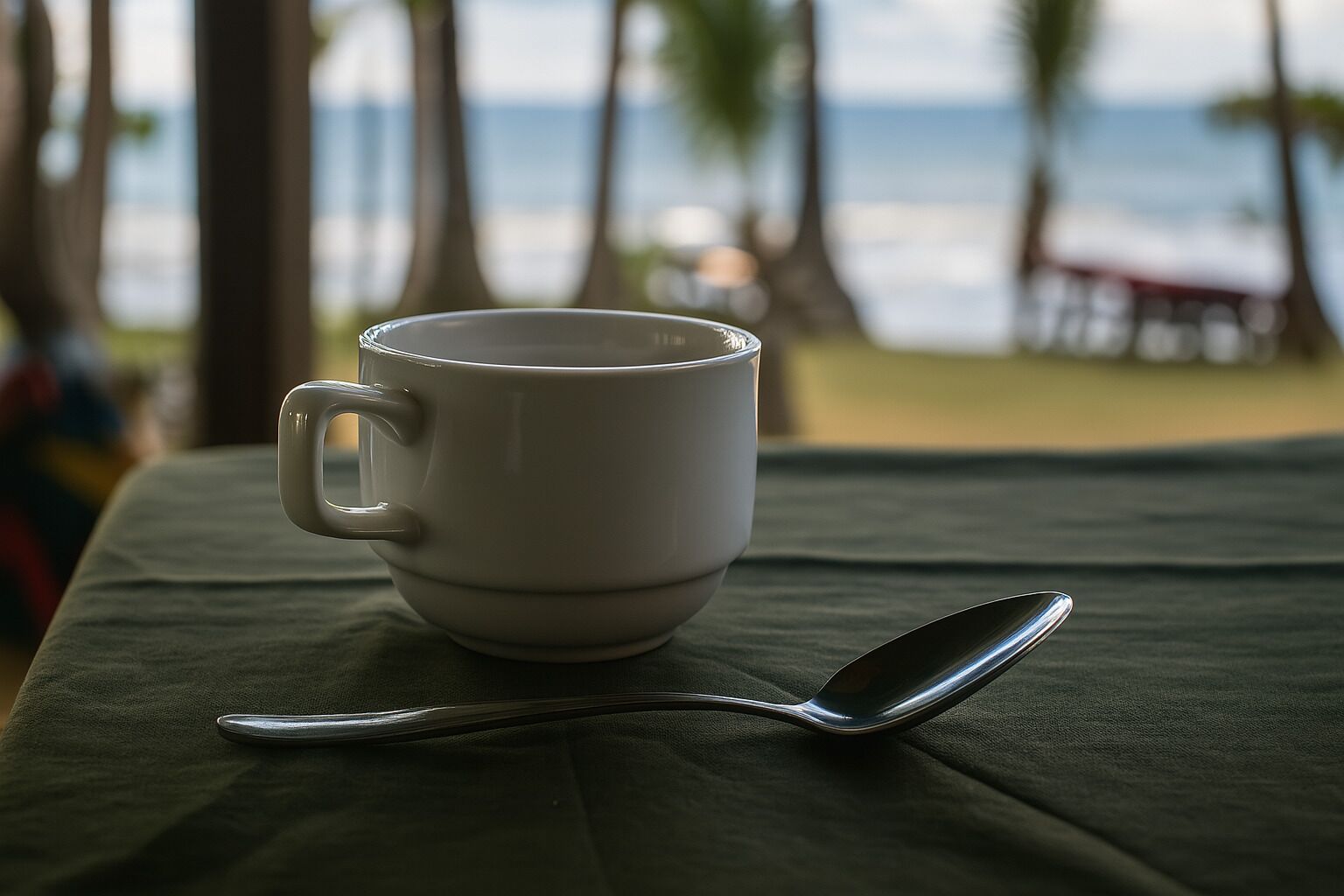 A white mug and spoon on a table with a view of the ocean and palm trees in the background.