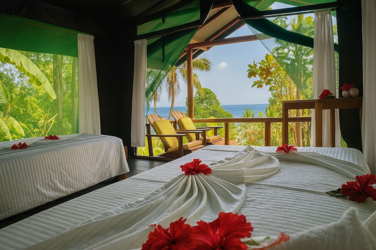 A hotel room with two beds, a balcony with a view of the ocean, and tropical plants.