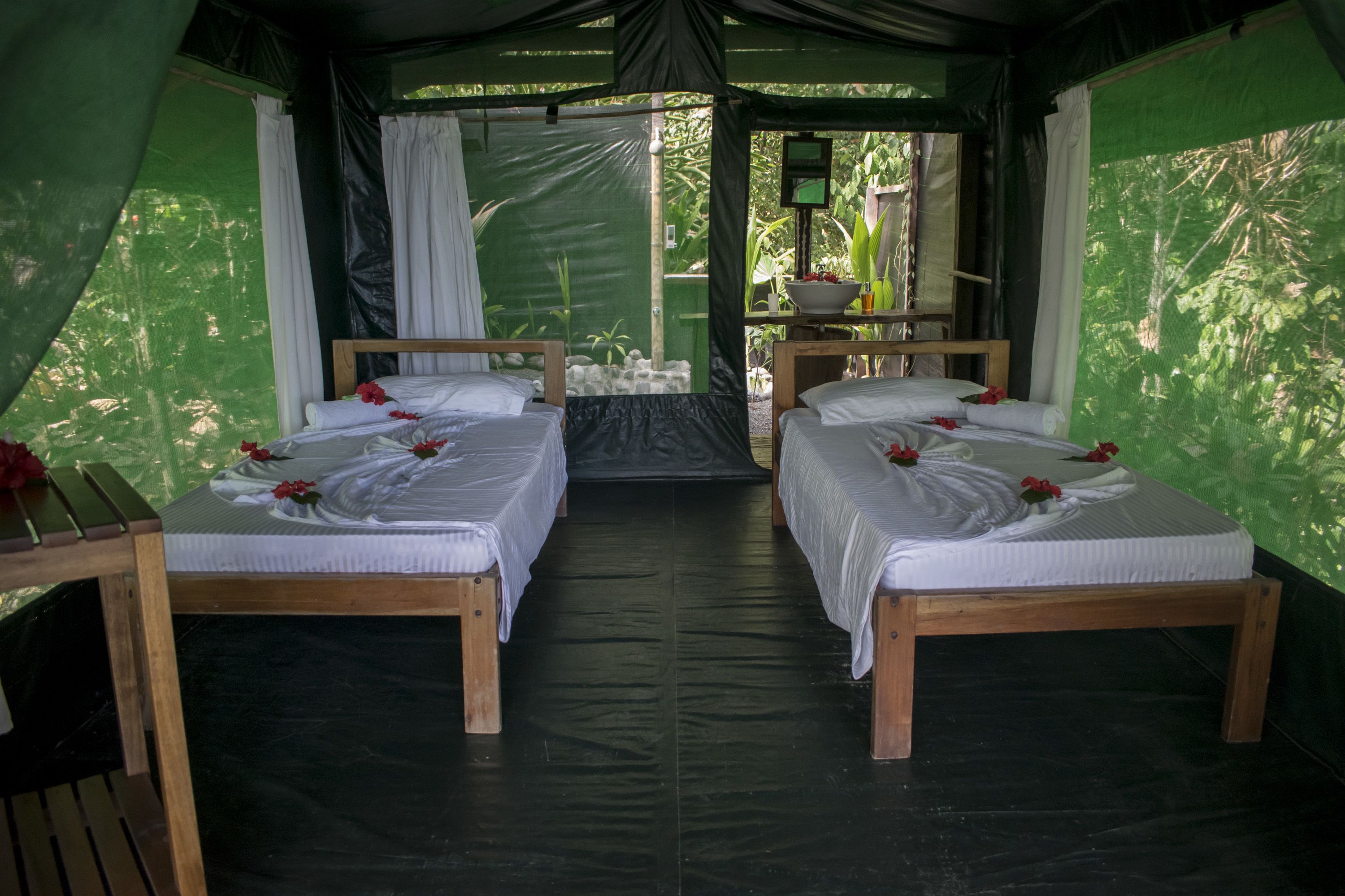 Une chambre avec deux lits, une petite table et une vue sur la verdure.