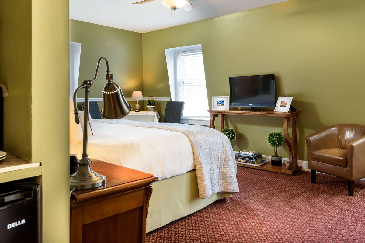 A hotel room with a bed, a desk, a chair, a television, and a small table with a plant and books.