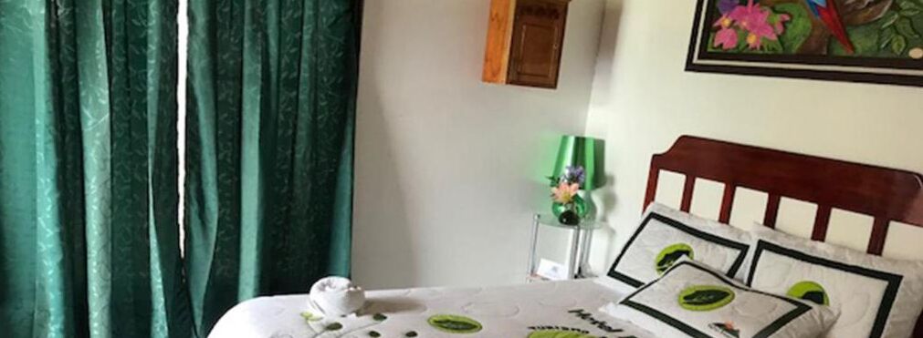 A bed with a wooden headboard, a green curtain, and a framed picture on the wall.