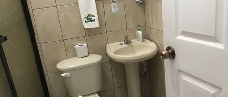A bathroom with a toilet, sink, and green trash bin.