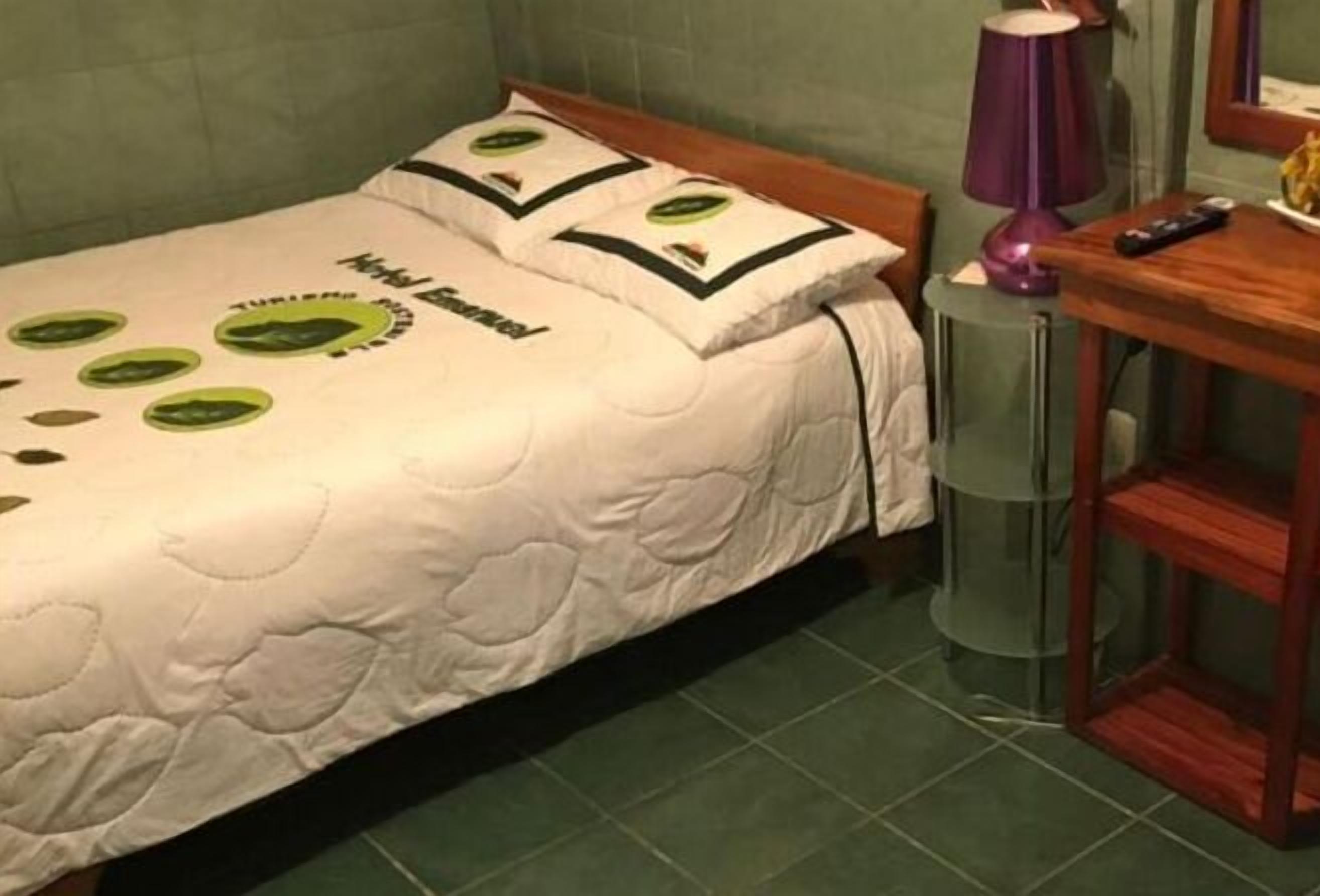 Ein Bett mit weißer Bettdecke und grünen Blattmustern, ein Nachttisch mit Lampe und ein kleiner Holznachttisch.