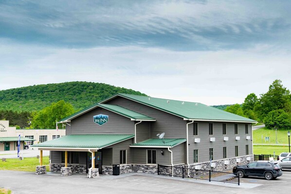 A Heineken hotel with a green roof and stone foundation, located near a green hill.