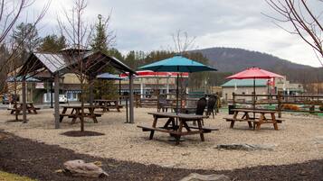 An outdoor seating area with picnic tables and umbrellas, surrounded by trees and a mountain in the background.