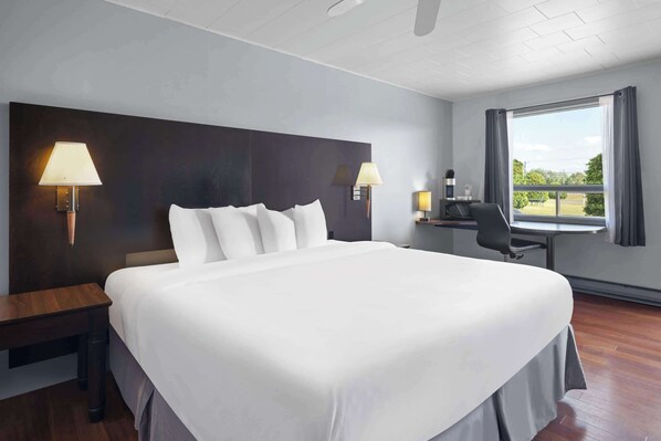 Habitación de hotel con una cama grande, dos lámparas de noche, un escritorio con silla y vistas al exterior.