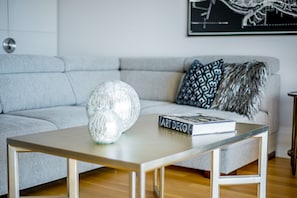 Condo có thiết kế đặc trưng, 2 phòng ngủ, bếp, quang cảnh sông (Condo 9) | Khu phòng khách | TV màn hình phẳng 