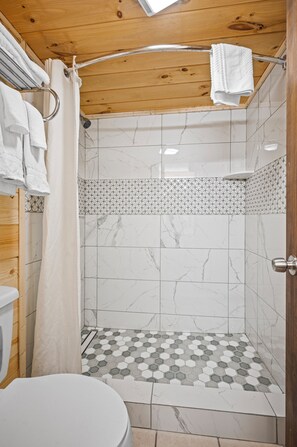 Shower, free toiletries, hair dryer, towels