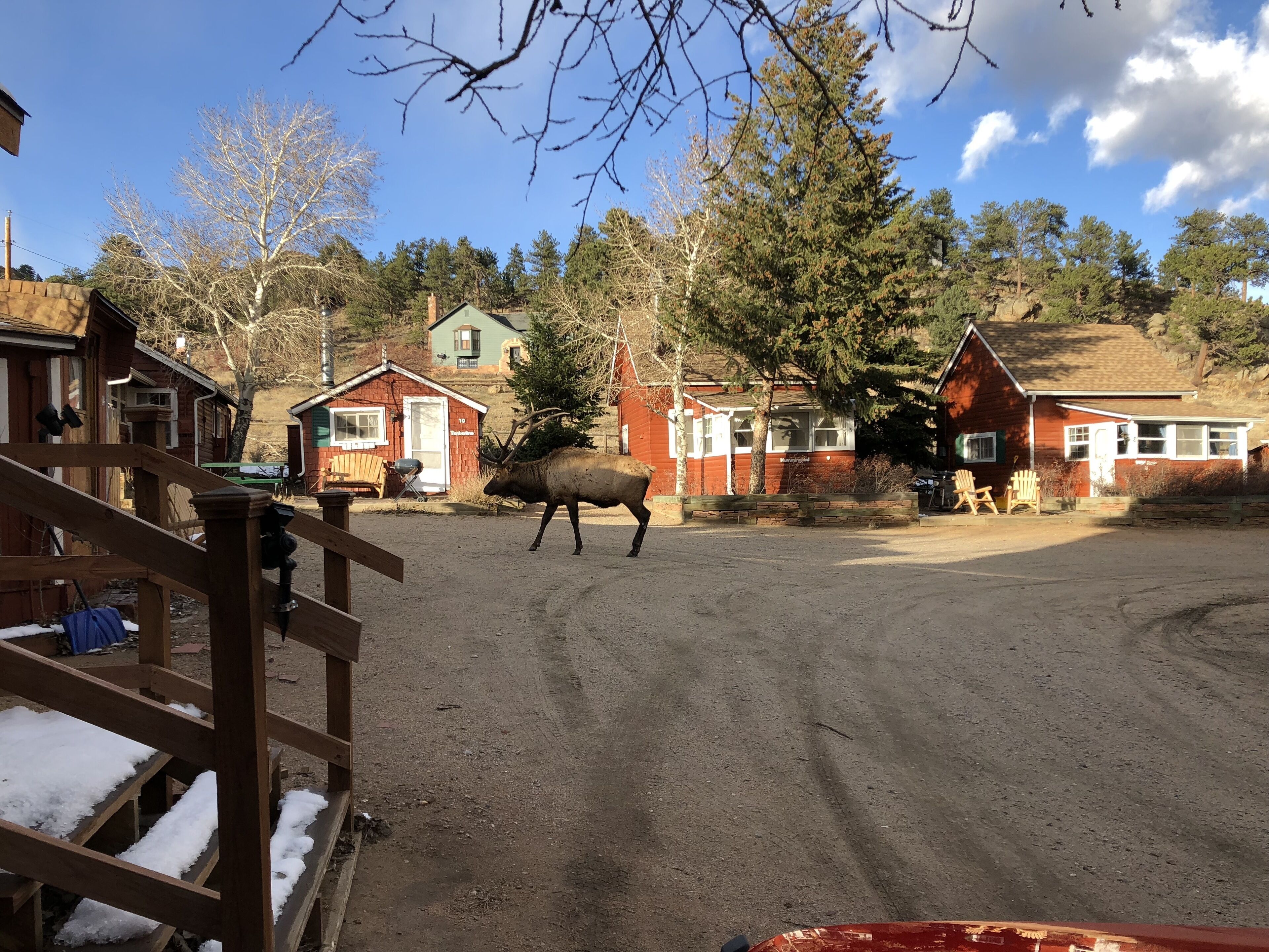 A rustic cabin with a dirt road, wooden fence, and snow-covered ground.