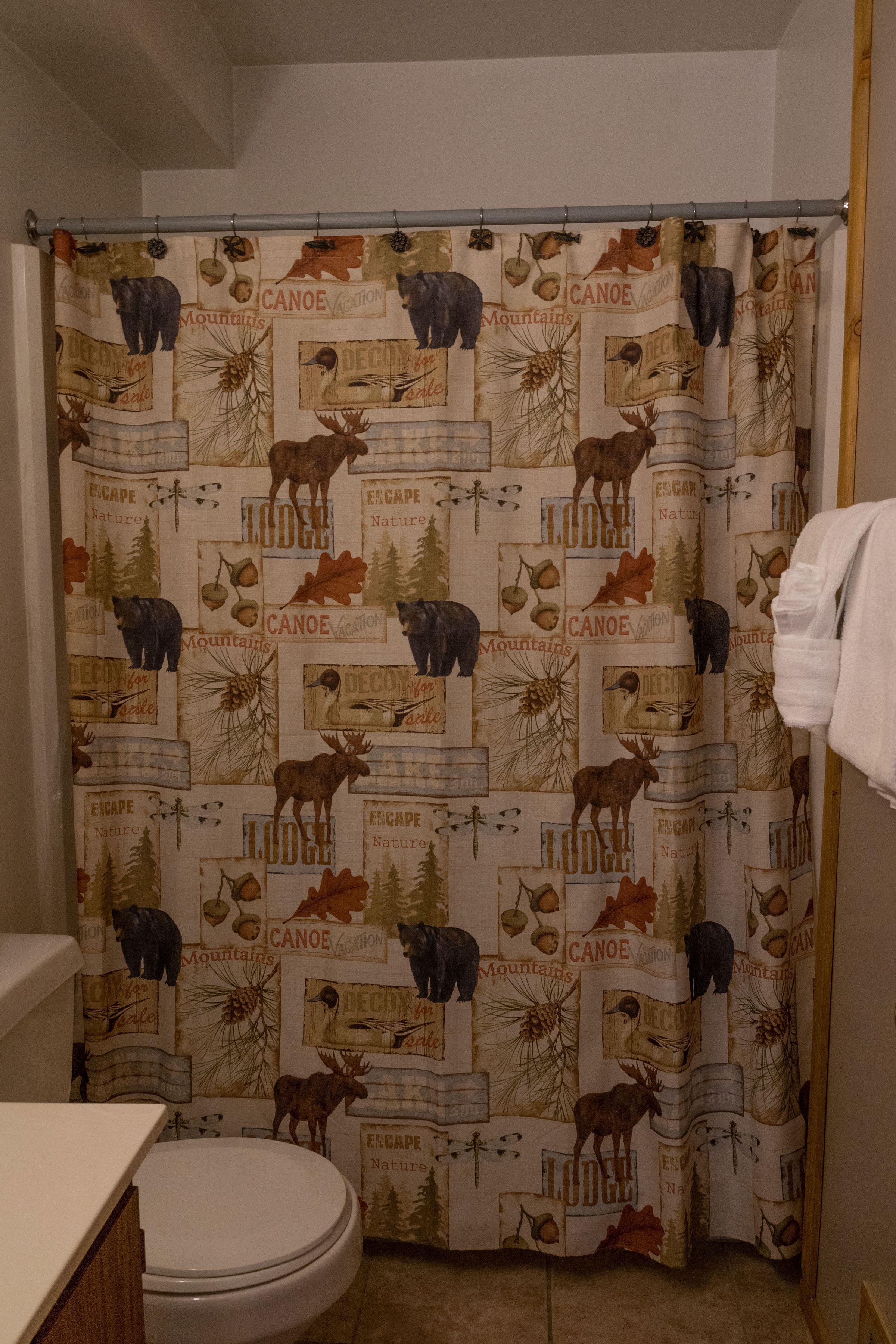 A bathroom with a shower curtain featuring a nature-themed print, a toilet, and a sink.
