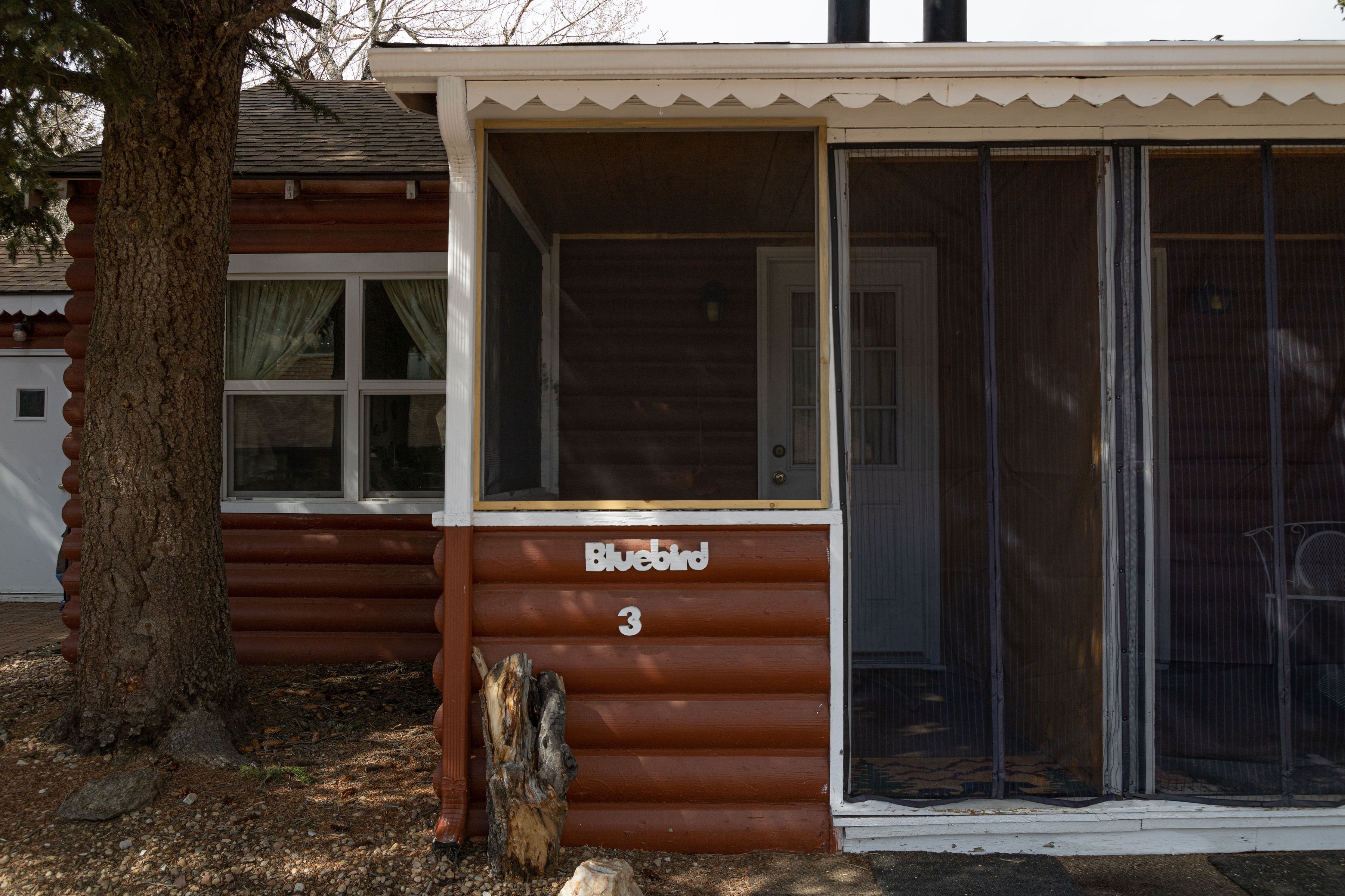 A log cabin with a number "3" and the name "Bluebird" on the front.