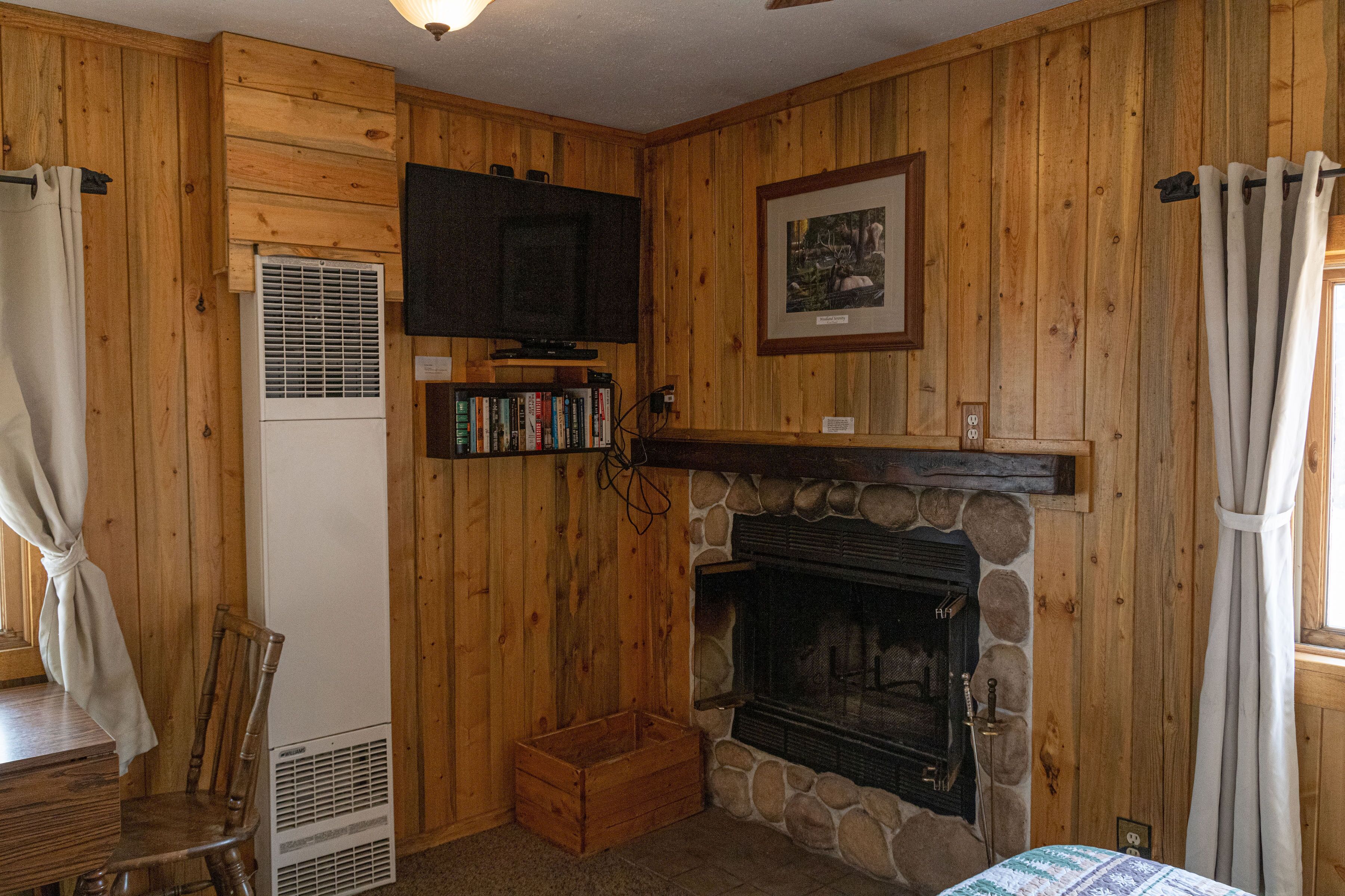 A wooden-paneled room with a fireplace, a television mounted above it, and a bookshelf with books.