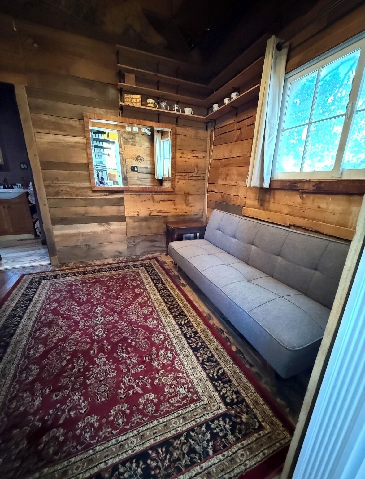 Een gezellige kamer met een bank, een vloerkleed en een raam met uitzicht.