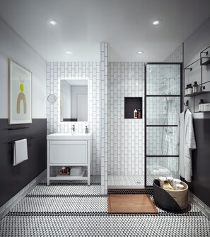 Combined shower/bathtub, free toiletries, hair dryer, towels - The Fire Island Beach House (Bay Shore)