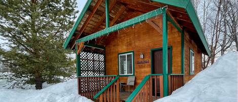 A wooden cabin with a green roof, a porch with a railing, and a sign that reads "Pine Lodge."
