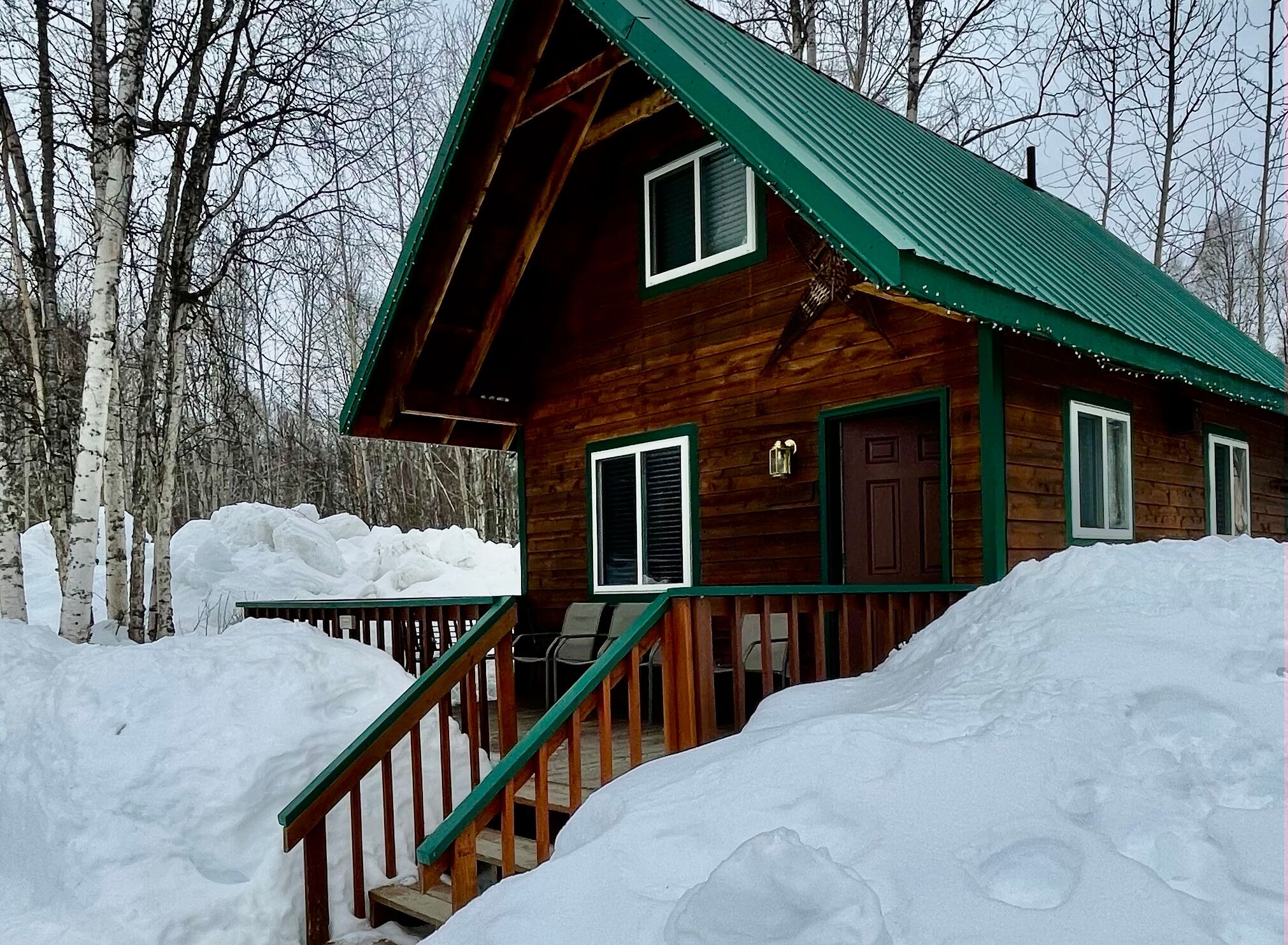 A wooden cabin with a green roof, surrounded by snow and trees.