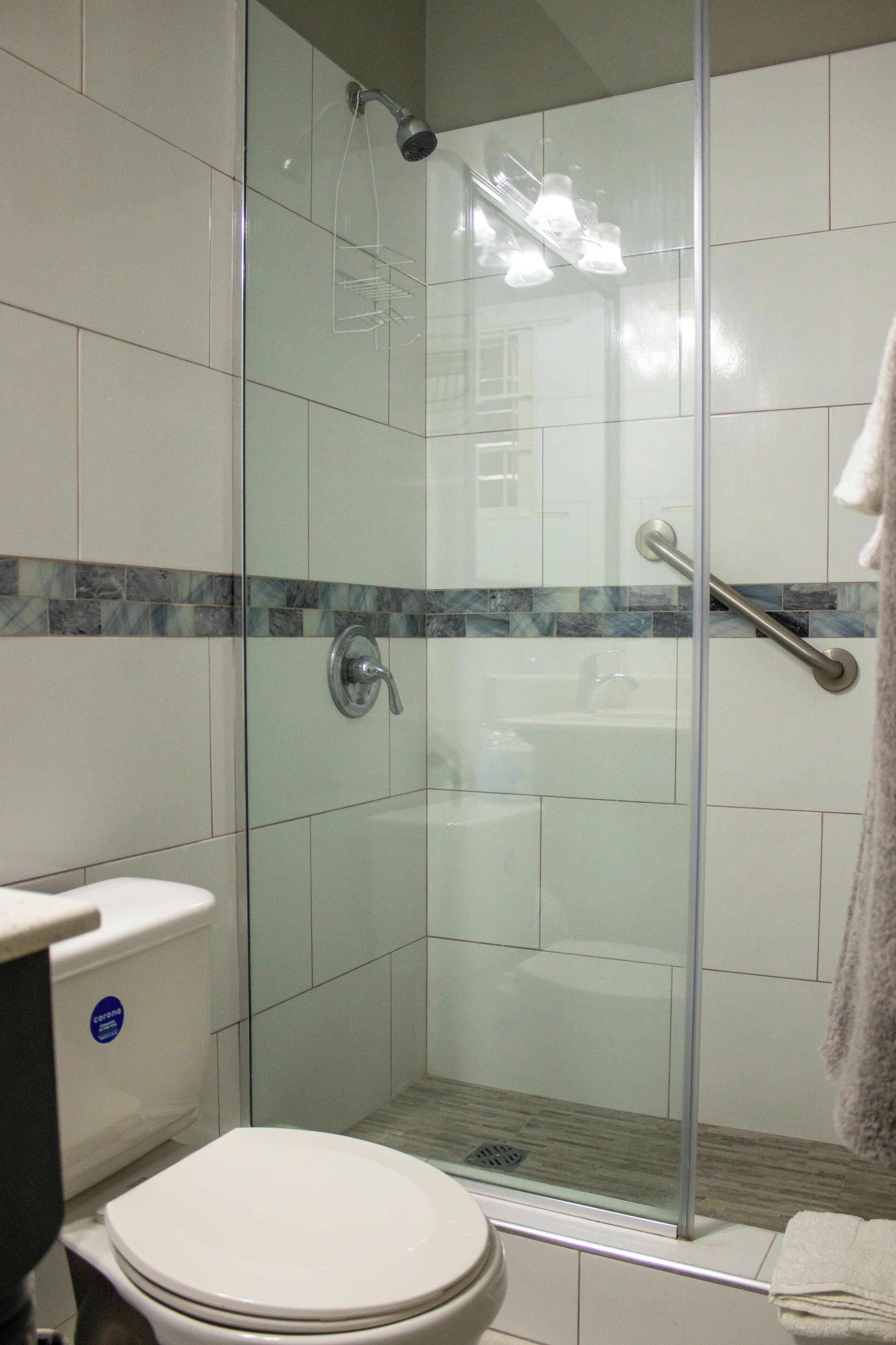 Une salle de bain avec une douche à parois de verre, des toilettes et un lavabo.