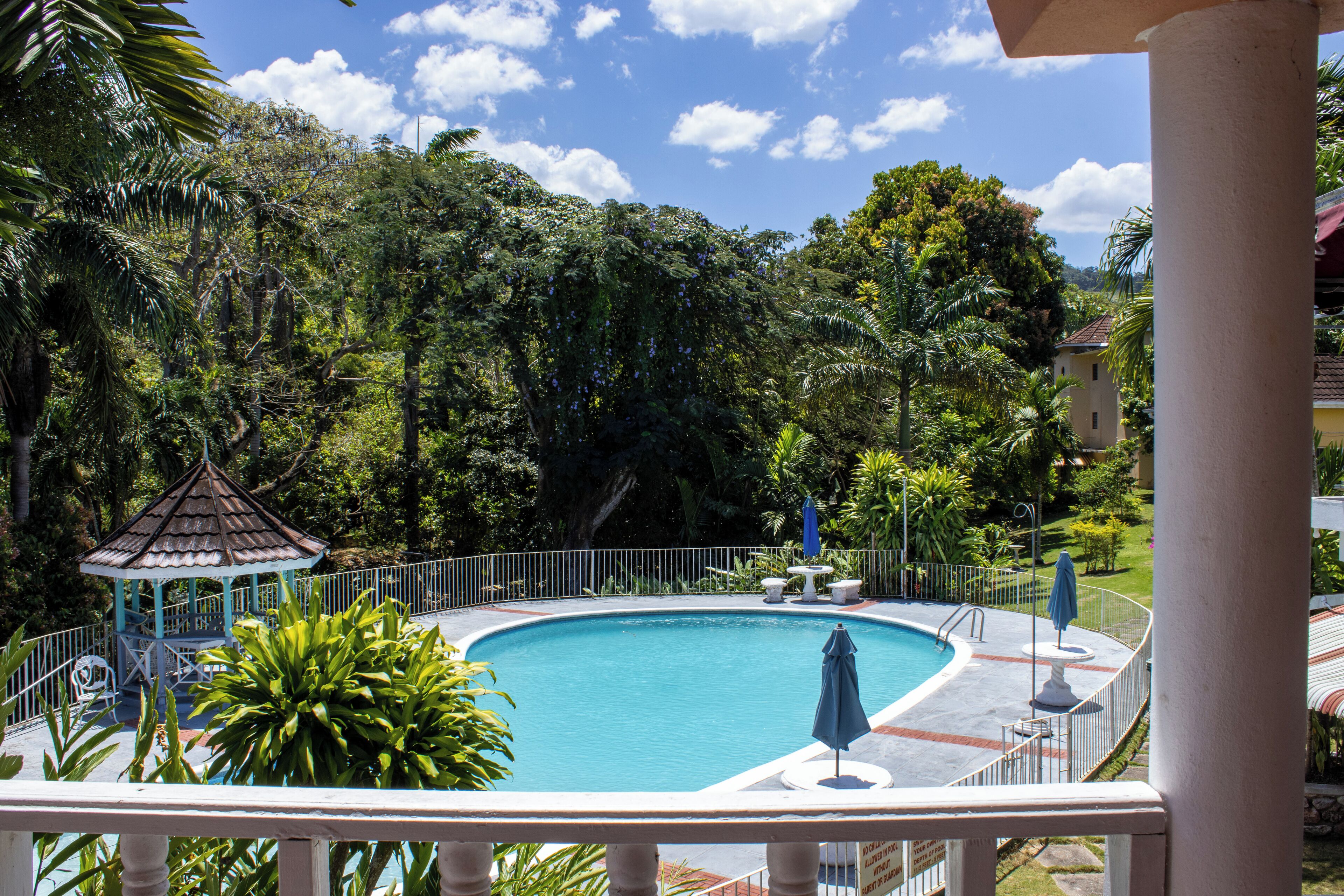 Uma piscina cercada por vegetação exuberante, um gazebo e uma cerca branca.