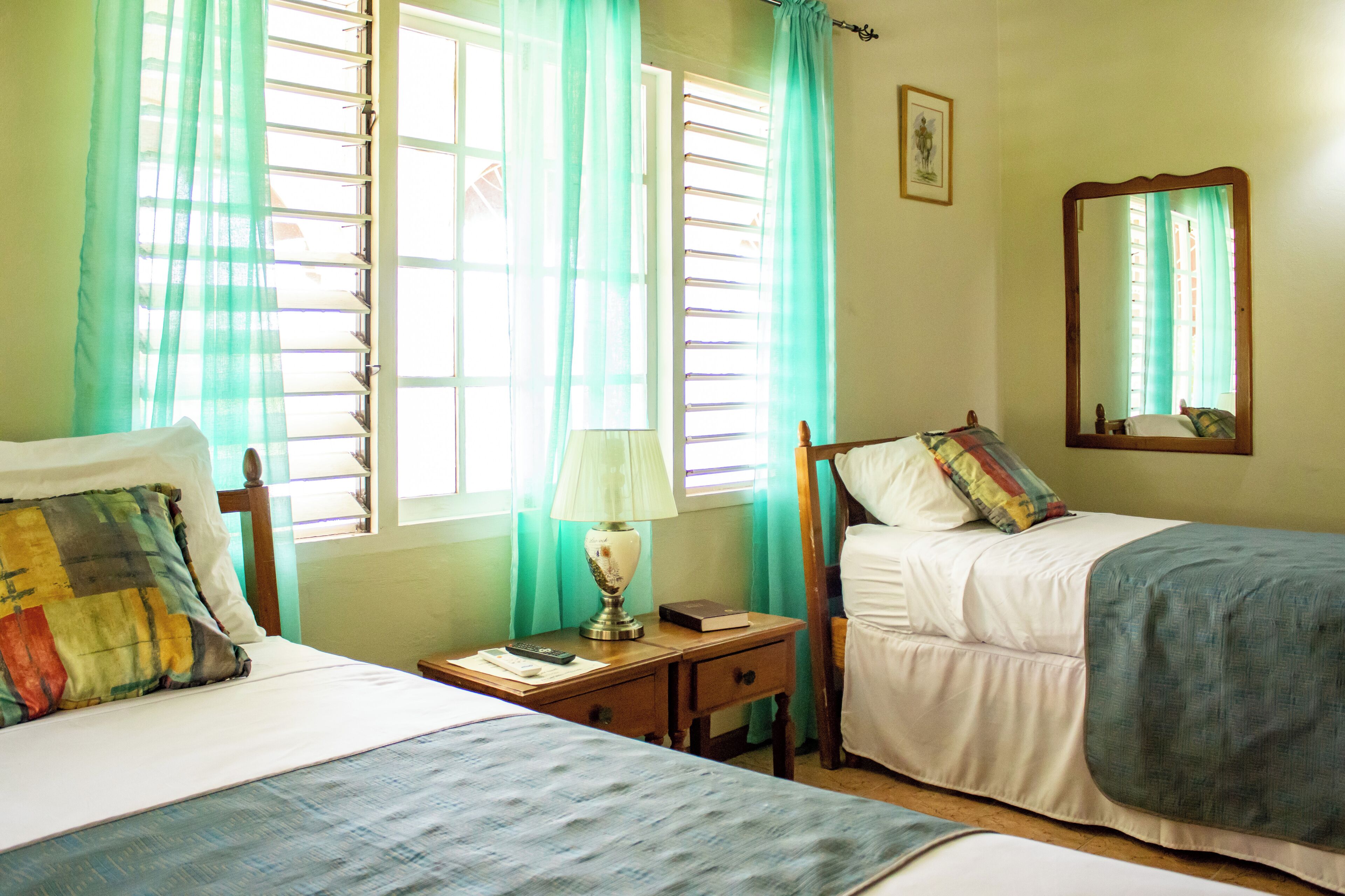 A bedroom with two beds, a nightstand, a lamp, and a mirror.