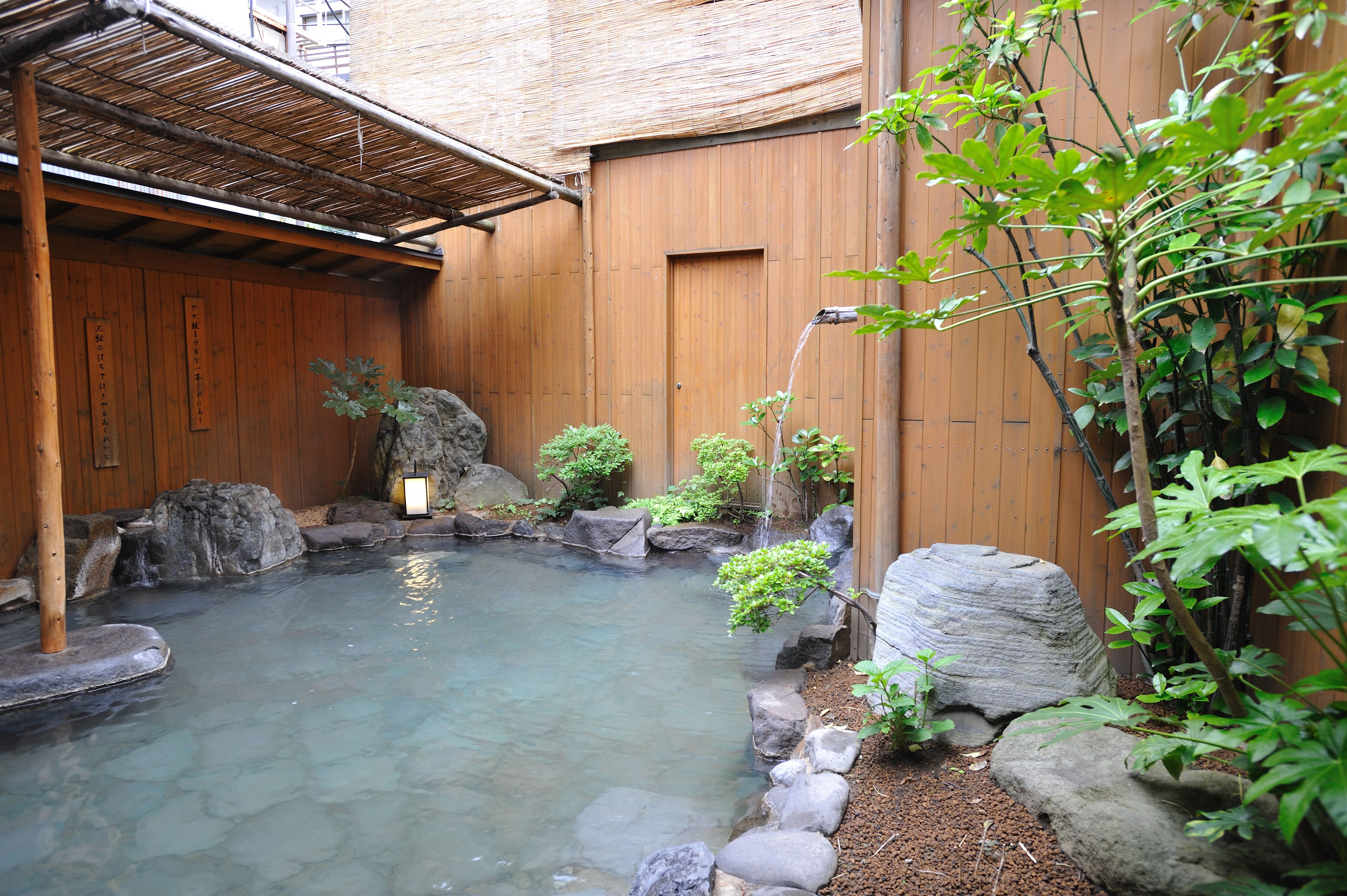 A traditional Japanese garden with a clear pond, rocks, and bamboo plants.