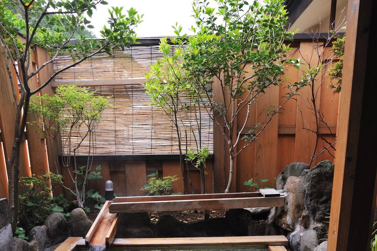A traditional Japanese garden with a wooden walkway, a small pond, and surrounding greenery.