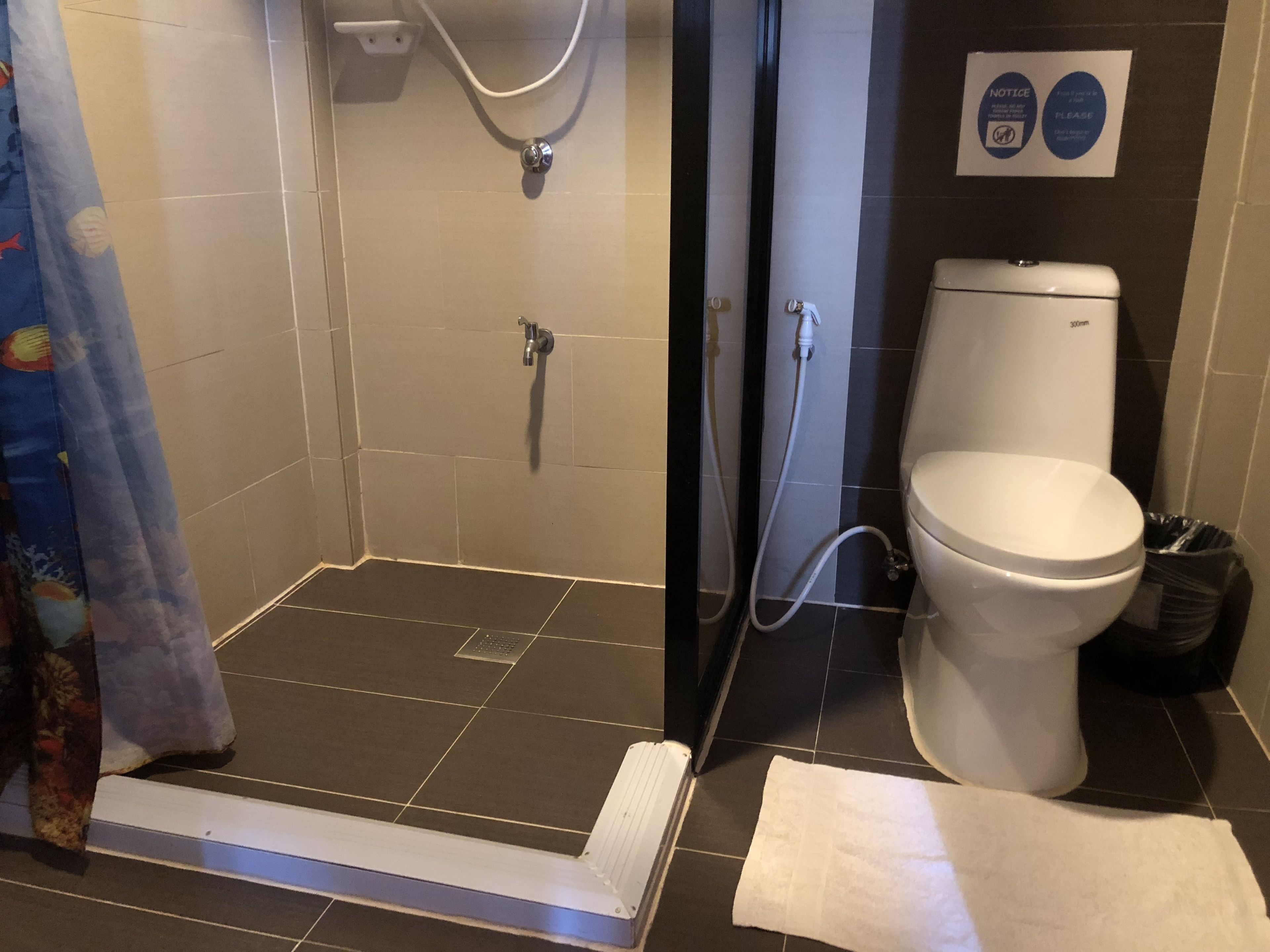 A bathroom with a shower, toilet, and a trash bin.