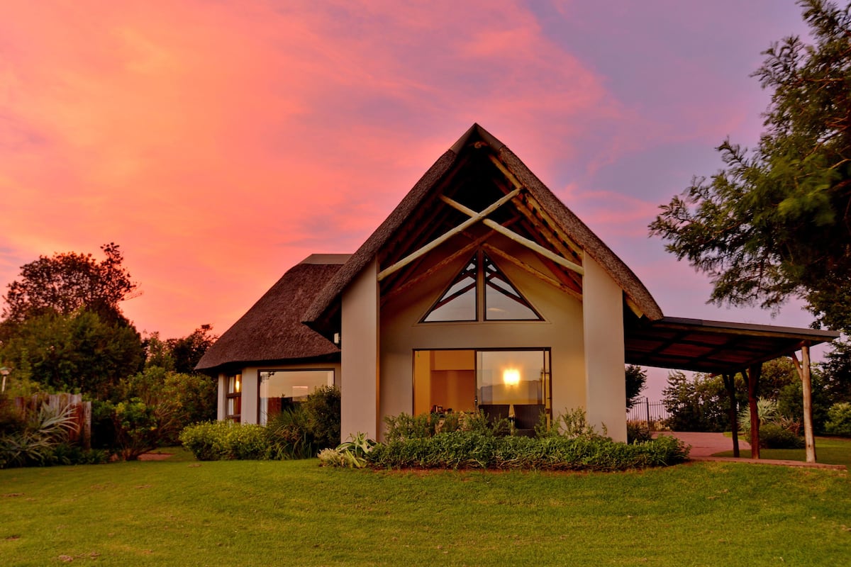 A modern house with a thatched roof, large windows, and a well-maintained garden.