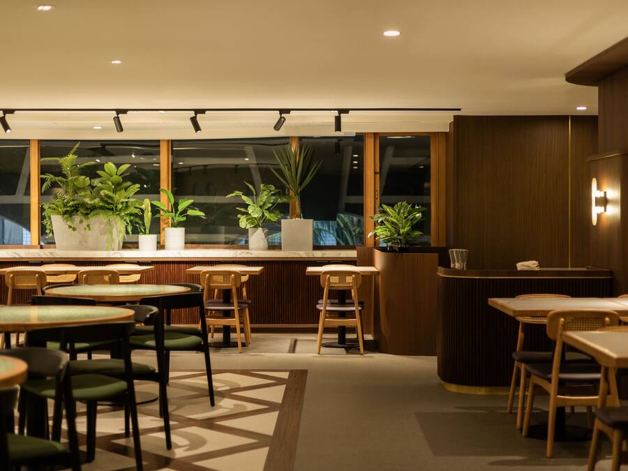 A modern restaurant with round tables and chairs, a counter with a cash register, and potted plants.