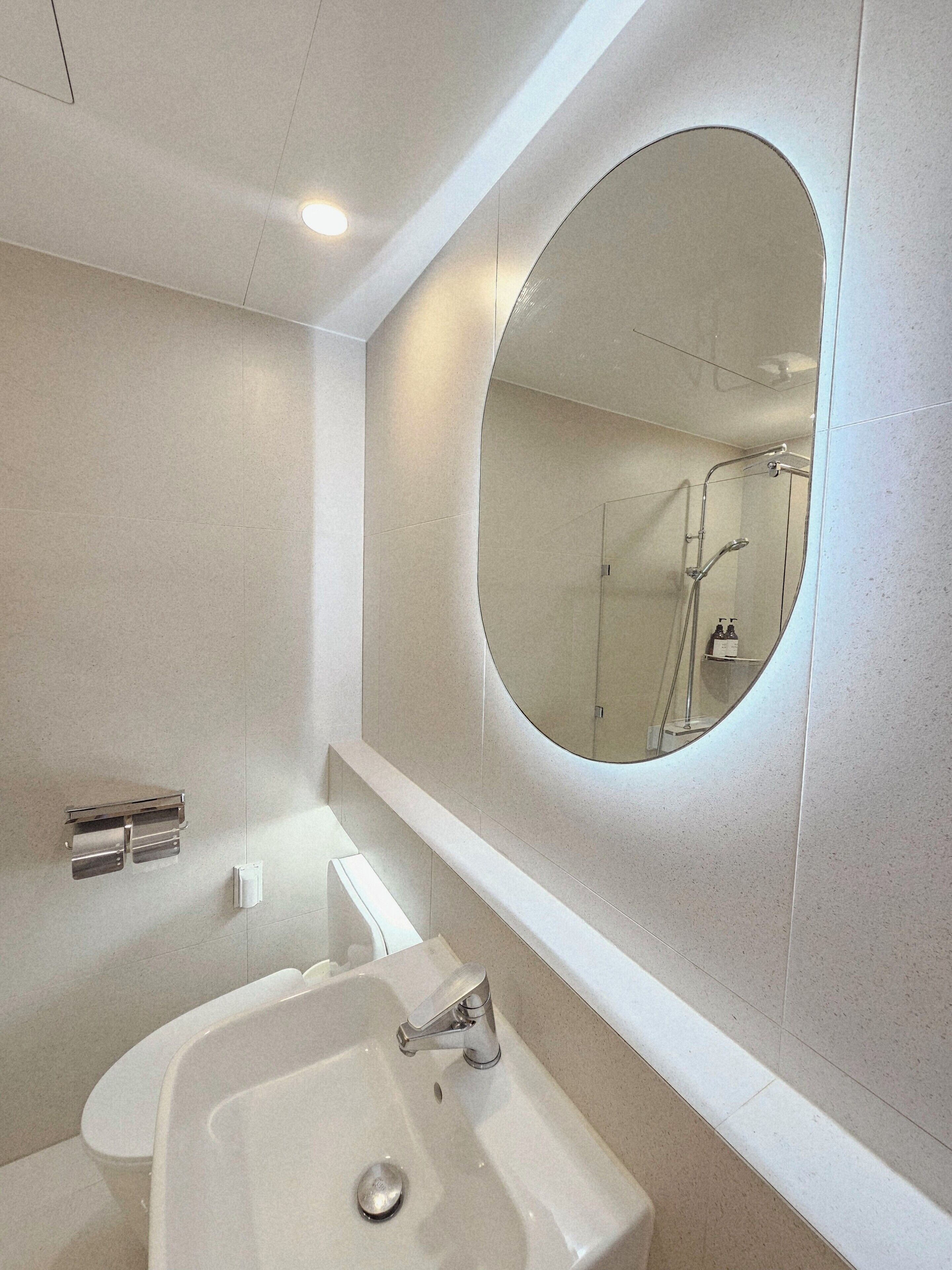 A modern bathroom with a large oval mirror, a sink, and a shower.