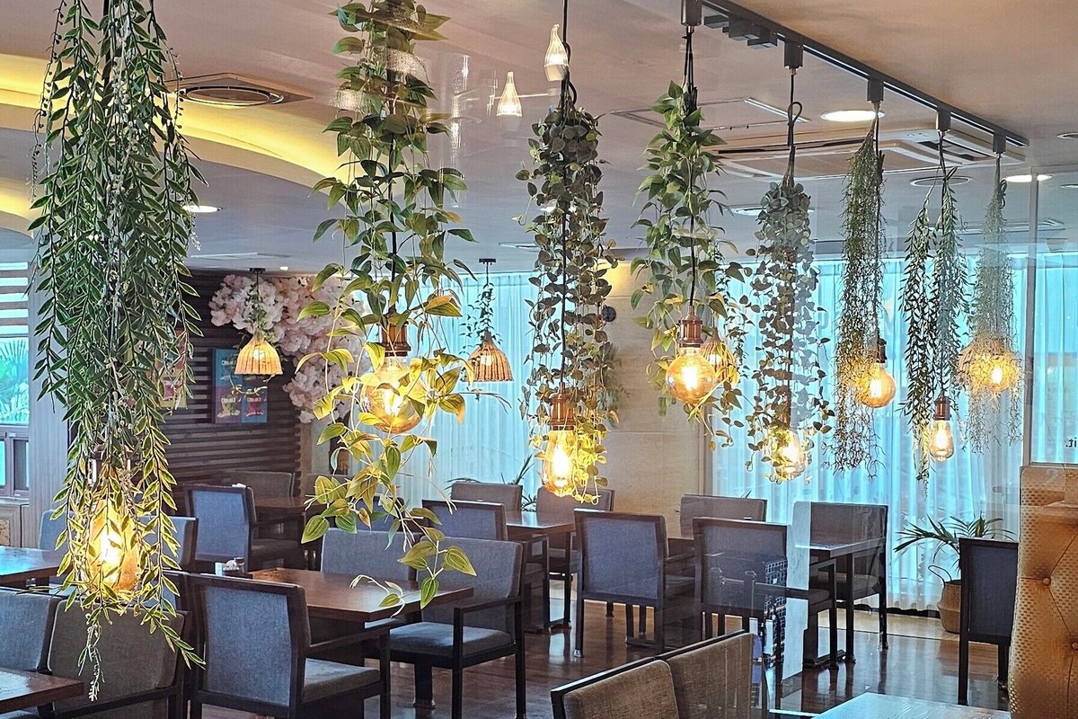 Un espace de restauration moderne avec des tables et des chaises en bois, des plantes suspendues et des luminaires suspendus.