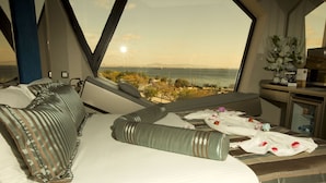 Una habitación de hotel con cama, vista al mar y un escritorio con un florero.