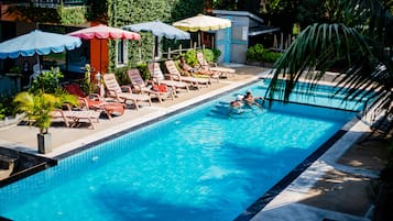 Outdoor pool, open 9:00 AM to 8:00 PM, pool umbrellas, sun loungers