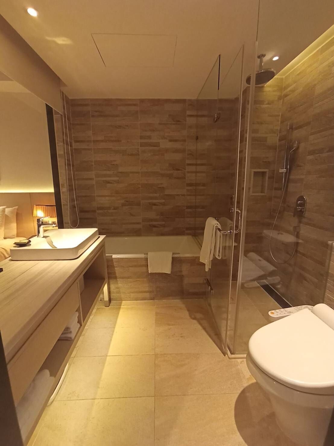city view twin room with balcony | bathroom | separate bathtub and shower, deep-soaking bathtub, rainfall showerhead