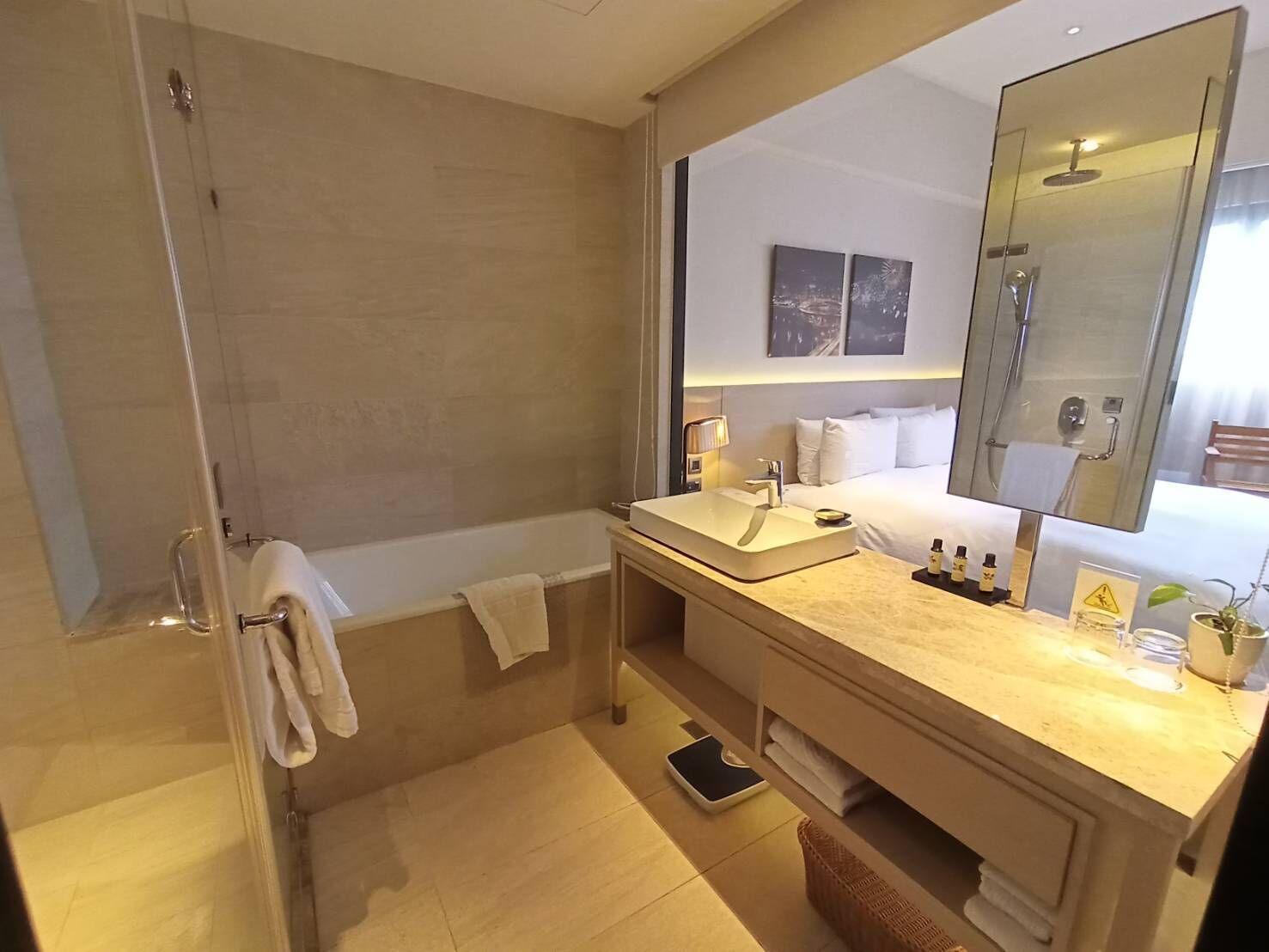 city view double room with balcony | bathroom | separate bathtub and shower, deep-soaking bathtub, rainfall showerhead