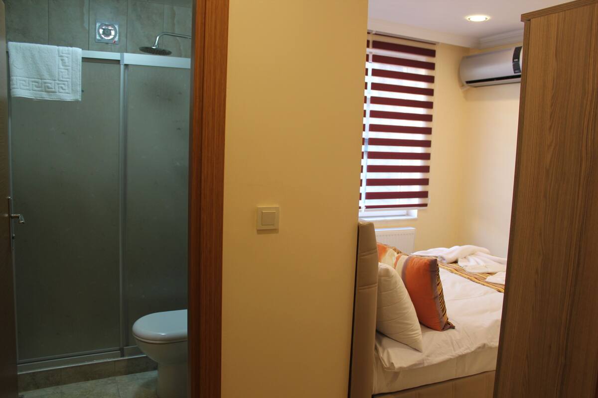A bathroom with a shower, toilet, and a bed with pillows.