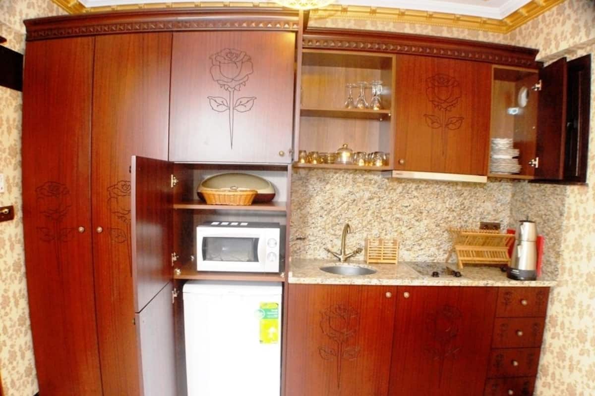 Fridge, microwave, stovetop, coffee/tea maker