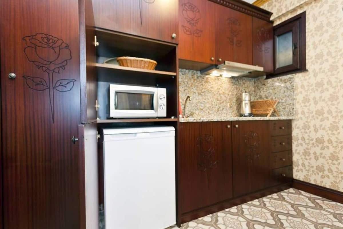 Fridge, microwave, stovetop, coffee/tea maker