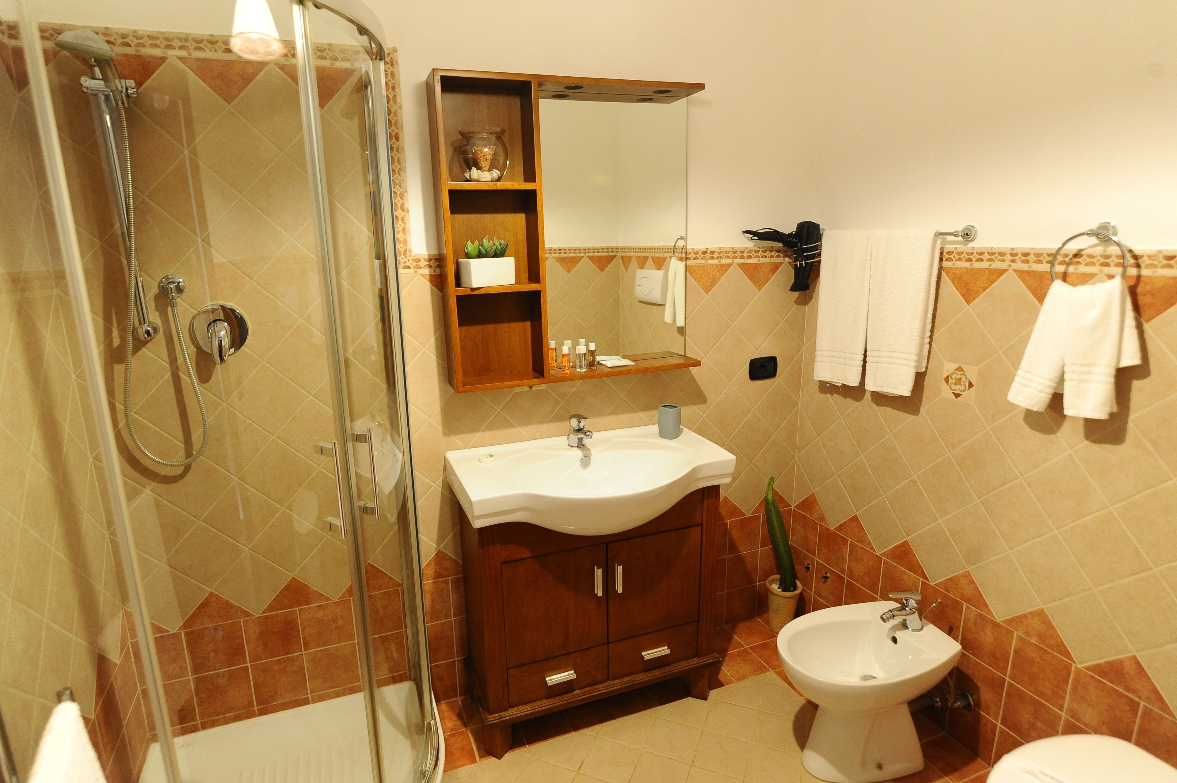 A bathroom with a glass-enclosed shower, a wooden vanity with a sink and mirror, a bidet, and tiled walls.