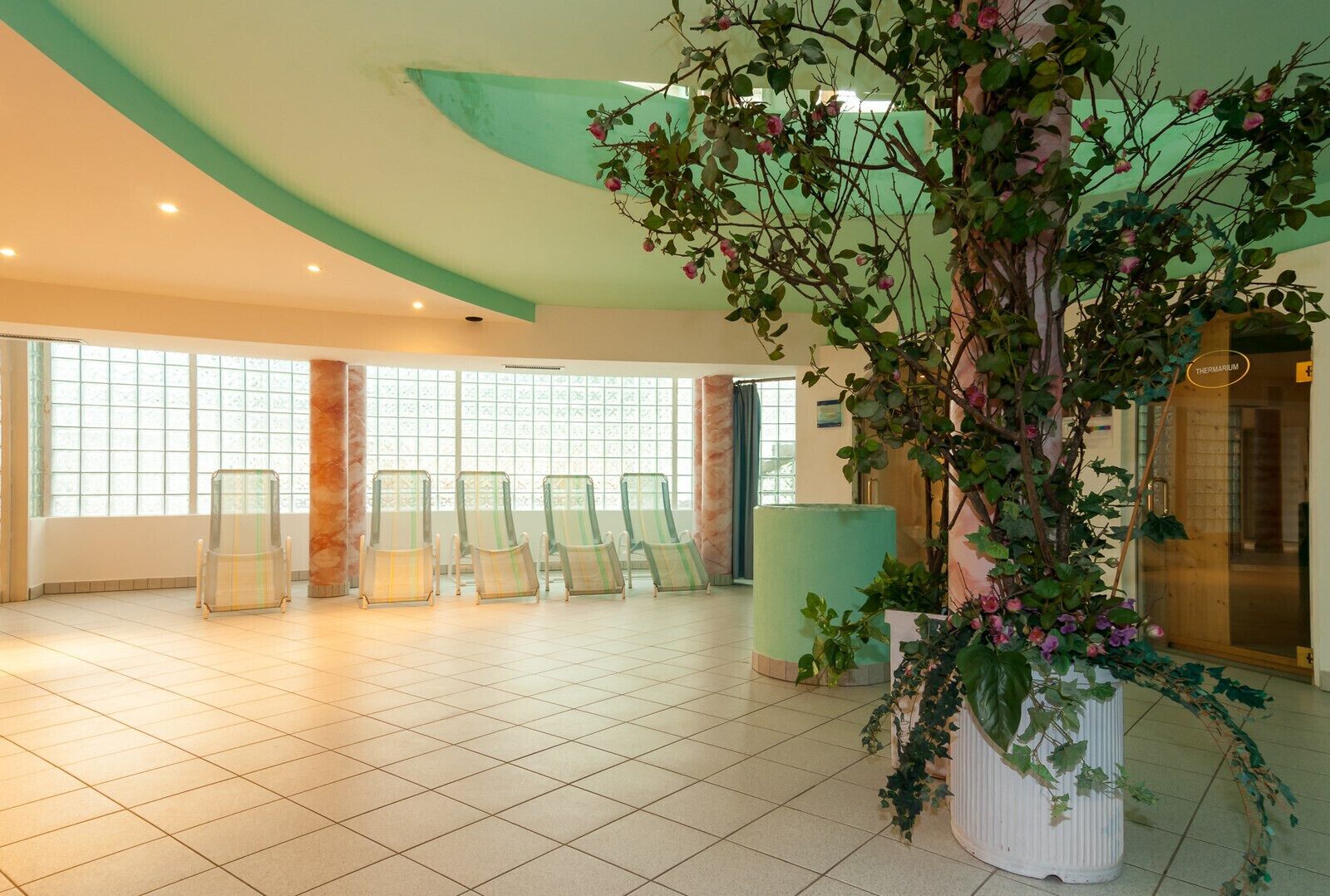 Una habitación amplia con una planta grande en maceta, un mostrador de recepción y una fila de sillas.