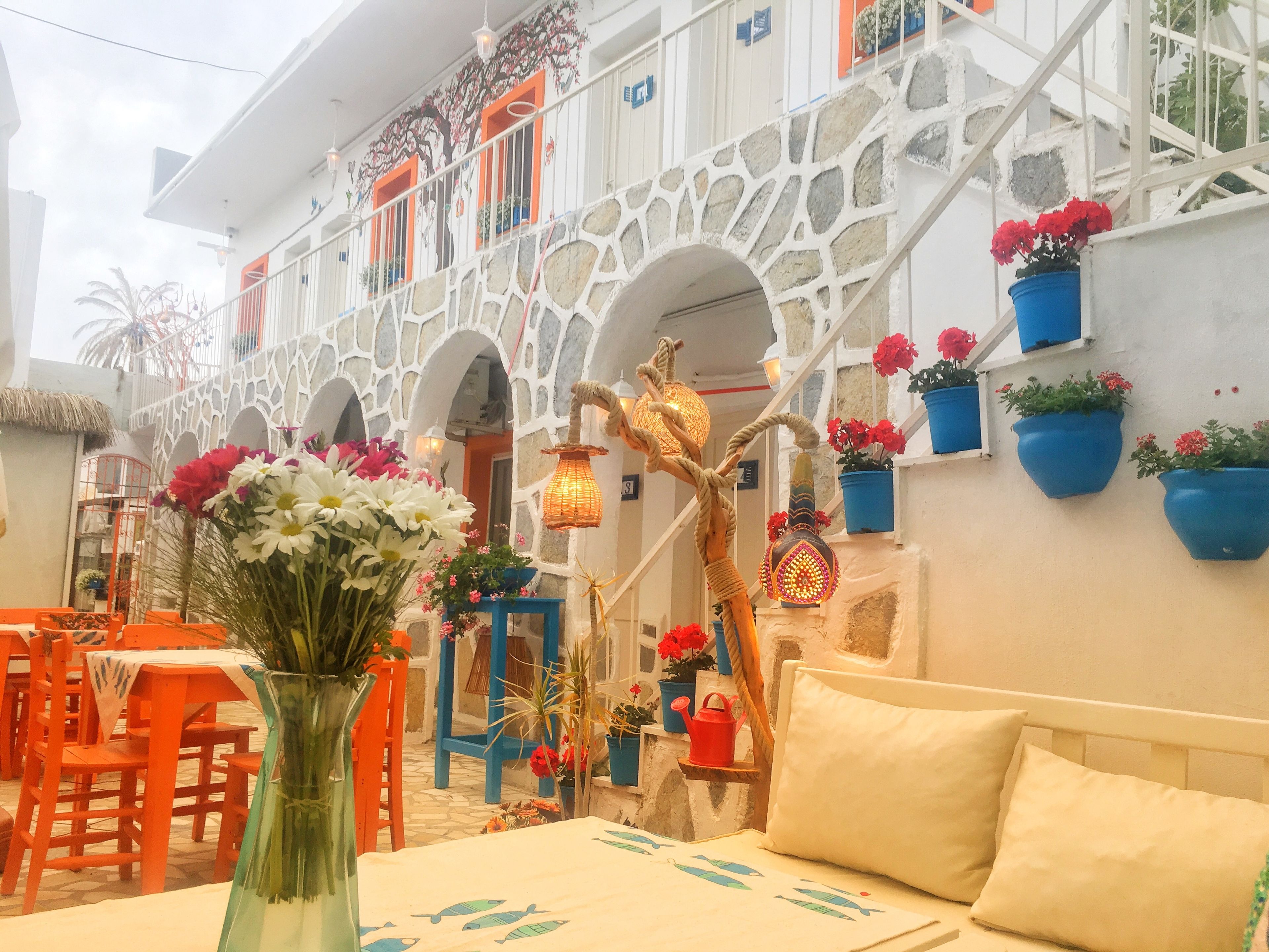 A room with a bed, orange chairs, a table, and a vase of flowers.